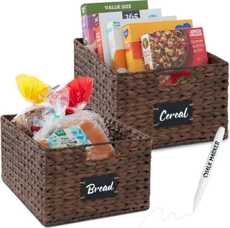 Best Choice Products Set of 2 16in Woven Water Hyacinth Pantry Baskets w/ Chalkboard Label, Chalk Marker