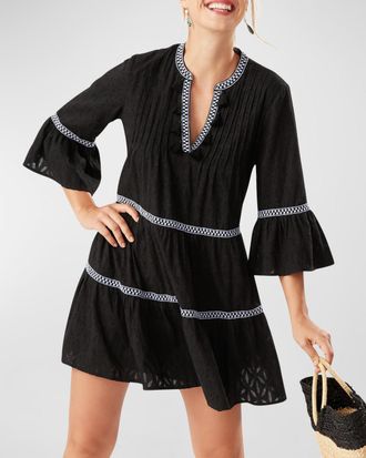 Tommy Bahama Embroidered Tassel V-Neck Cotton Tunic Dress