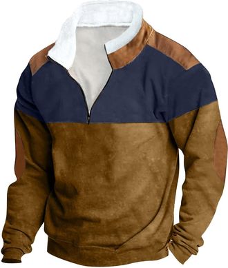 Generic Mens Half Zip Jumpers Hunting Deer Printed Sweatshirts Stand-Up Collar Work Pullovers Warm Sherpa Lined Long Sleeve Tops Vintage Winter Workwears