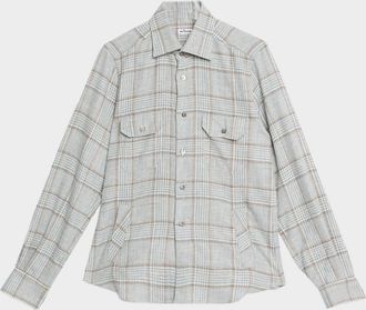 Kiton Mens Wool-Blend Plaid Overshirt with Pockets