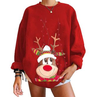 ORANDESIGNE Donna Maglione Natalizio Felpe Oversize Pullover Invernale Girocollo Sweatshirt con Stampa Manica Lunga Maglie Moda Tops Natale E Rosso XXL