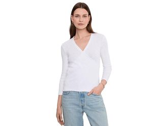 Lilla P Ribbed Slub 3/4 Sleeve Surplice Womens Clothing White : XS, Cotton