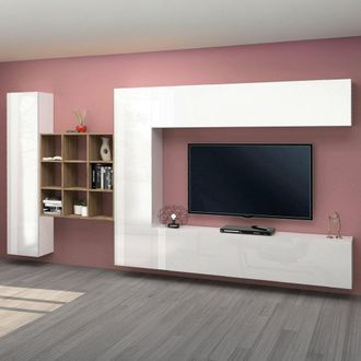 Dmora Pared Equipada Dfallic, Conjunto De Sal&oacute;n Mueble Tv Con 4 Puertas, Mueble De Sal&oacute;n Polivalente, 100% Made In Italy, Cm 350x30h180, Blanco Brillante - 