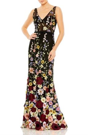 Mac Duggal Sleeveless Hand Stitched Floral Applique Dress in Black Multi at Nordstrom, Size 6