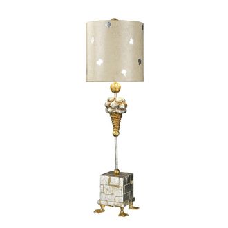 Loops Table Lamp Duck Feet Square Base Cream & Silver Leaf Cylinder Shade LED E27 60W in Metallics