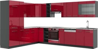 Vicco Cocina Esquinera Fame-line, Burdeos Brillo Intenso/antracita, 347 X 257 Cm, Et M&aacute;rmol