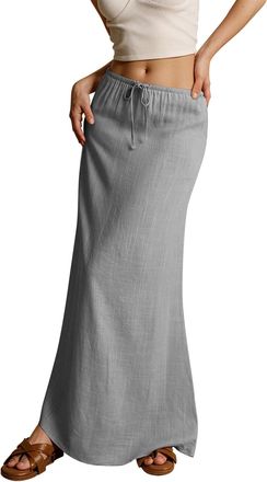 Generic Womens Linen Maxi Skirt Drawstring Low Rise Long Skirts, Cotton Linen Skirts for Women Summer Comfy A Line Long Flowy Skirt (Gray,L)