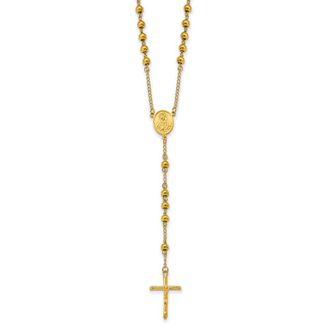 Diamond2Deal Stainless Steel Polished Yellow plated Beaded Rosary Cross Necklace 30