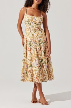 ASTR the Label Jaleyah Floral Midi Dress in Mustard Green Tropic at Nordstrom Rack, Size X-Small