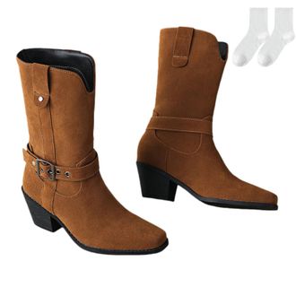 Generic Womens Western Ankle Boots in Suede Look, Fashionable Mid-Calf Boots with Buckle Straps And Comfortable Block Heel, Plus Size Non-Slip Cowboy Boots fo