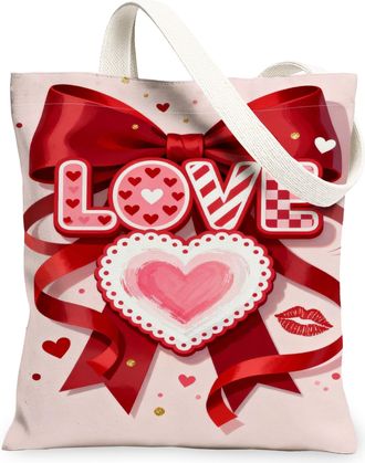 Generic ValentineS Day Hearts Canvas Tote Bags, Cute Love Pattern Reusable Grocery Bags, Lightweight Washable Shoulder Strap, Peach, 13x15 Inch