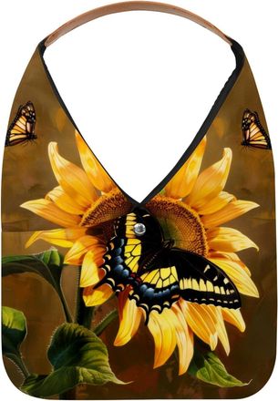 Generic Sunflower Butterfly Painting Reusable Lightweight Grocery Bags - Foldable Into Compact Pouch, Washable & Sturdy, Multipurpose for Shopping and Travel