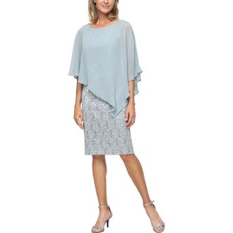 S.L. Fashions Chiffon Capelet Floral Lace Cocktail Dress in Sage at Nordstrom, Size 10