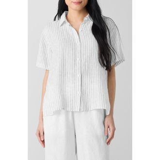Eileen Fisher Stripe Organic Linen Button-Up Shirt in White/Black at Nordstrom Rack, Size X-Large