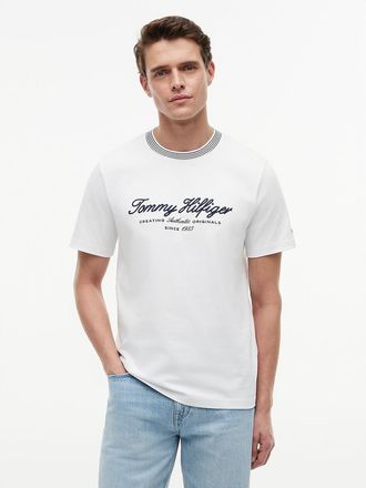 Tommy Hilfiger Mens Nautical Script Logo Striped T-Shirt - White - M