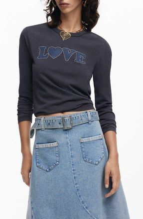 Desigual Carla Rhinestone Embellished Long Sleeve Cotton Graphic T-Shirt in Black at Nordstrom, Size X-Small