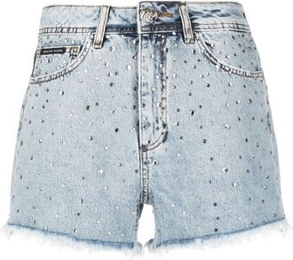 Philipp Plein crystal embellished mini shorts - women - Cotton/Cotton/glass/Polyester - 28 - Blue