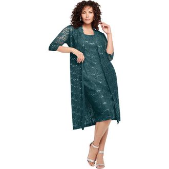Roaman's Plus Size 3/4 Sleeve Formal Duster Sequin Embellished Lace Dress Set in Mystic Pine at Nordstrom, Size 26