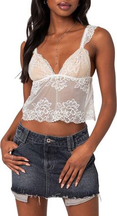 Edikted Jasmine Sheer Lace Crop Tank Top in White at Nordstrom, Size Medium