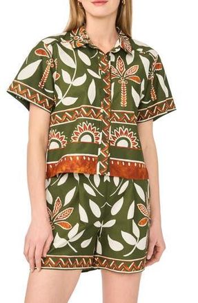 Halogen Floral Print Short Sleeve Cotton Button-Up Shirt in Chive at Nordstrom Rack, Size Small