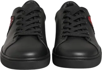 Dolce & Gabbana Black Leather Crystal Heart Sneakers Womens Shoes