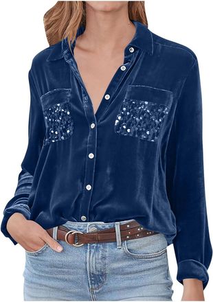 Generic Womens Button Down Shirts Casual Sequins Velvet Top, Ladies Casual V Neck Glitter Shirts Shiny Long Sleeve Velour Blouse Sparkly Office Business Workw