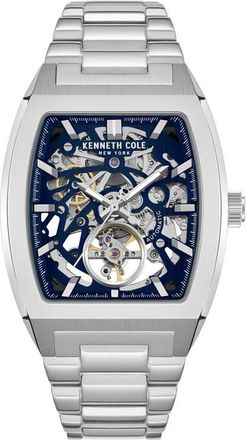 Kenneth Cole The Hollis Tonneau Skeleton Automatic Bracelet Watch, 40mm x 52.5mm in Silver at Nordstrom