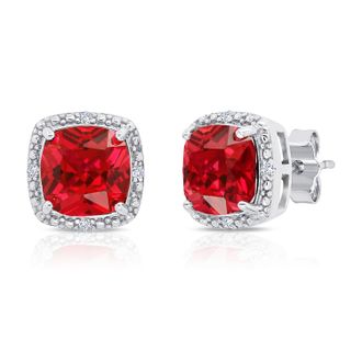 MAX + STONE Sterling Silver 7mm Cushion Cut Gemstone Stud Earrings with Diamond Accent Halo