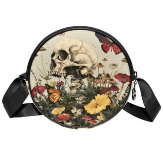 Generic Circle Crossbody Bag for Women, Skulls Flowers Small Sling Bag Daypack with Zipper Adjustable Shoulder Straps Casual Ladies Girls Round Purse