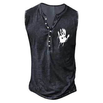 Generic Basketball Vests for Men UK Mens Vest Loose Fit Summer Fashion Retro Old Basic Button Placket Small Print Sleeveless Shirt Tshirt V Black