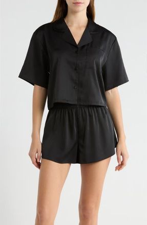 Open Edit Boxy Stretch Satin Short Pajamas in Black at Nordstrom, Size X-Small