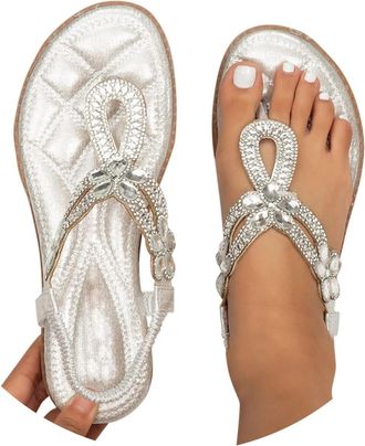Generic Ladies Faux Leather Open Toe T-Bar Diamante Gem Stone Flat Summer Sandals Causal Lightweight Slip on Slides Platform Slippers Beach Holiday Essential 