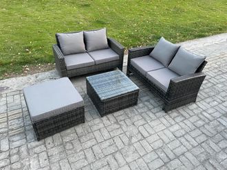 Fimous Rattan Garden Furniture Set 4 piece Patio Rattan Furniture Sofa Weaving Wicker includes 2 Double Seat Sofa, Coffee Table & Big Footstool