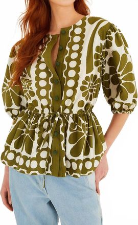 Farm Rio Palermo Drawstring Blouse In Green
