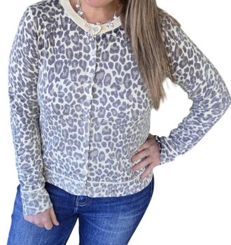 Staccato Inside Out Button Down Leopard Cardigan In Beige/gray
