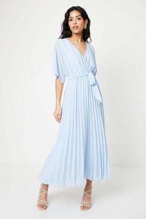 Oasis Womens Petite Occasion Kimono Sleeve Pleated Midi Dress - Blue - Size 10 UK