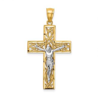 Diamond2Deal 14k Two-tone Gold Satin Polished Diamond-Cut Crucifix Vines Pendant