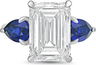 Diana M. Jewels Platinum lab grown 15ct emerald diamond ring with sapphire pears on the sides