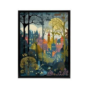 Artery8 Village Through Sherwood Forest Folk Art Framed Canvas Wall Art Print | Size: W24 x H32