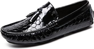Generic Mens Mens Loafers Shoes Genuine Leather Round Toe Tassel Patent Leather Hexagon Embossed Anti-Slip Flat Heel Slip Resistant Lightweight Comfortable(Bl