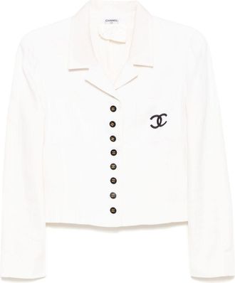 Chanel 1990-2000s logo embroidery single-breasted blazer - women - Linen/Flax - One Size - White