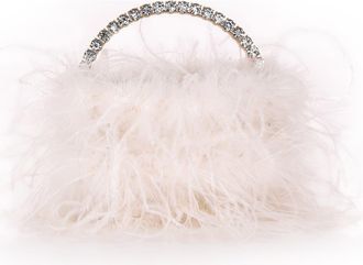 Badgley Mischka Raven Ostrich Feather Pouch Halfmoon Handle in Ivory at Nordstrom, Size Small