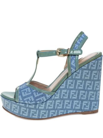 Fendi 75mm platform wedge sandals - women - Fabric/Calf Leather/Rubber - 38.5 - Blue