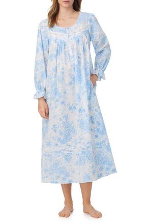 Eileen West Long Sleeve Cotton Lawn Ballet Nightgown in White/Blue Flower at Nordstrom, Size X-Large