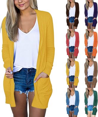 Generic Womens Cardigan, Cardigans for Women UK Lightweight Long Sleeve Shrugs Jumper with Pockets Open Front Casual Solid Color Outwear Jumpers XXL Yellow
