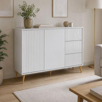 Dmora Aparador Lemosato, Alacena 3 Cajones, Un Estante, Apertura Abatible, Deslizante, 135x40x98h Cm Blanco