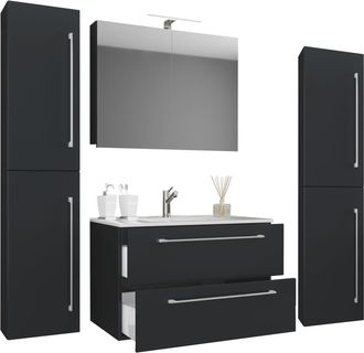 ebuy24 Ebuy24 - Vcm 5pcs Lavabo Lavabo Gabinete Inferior Ancho 80 Cm Muebles De Ba&ntilde;o Con Cajones Puertas Giratorias Armario De Espejo Badinos (negro)