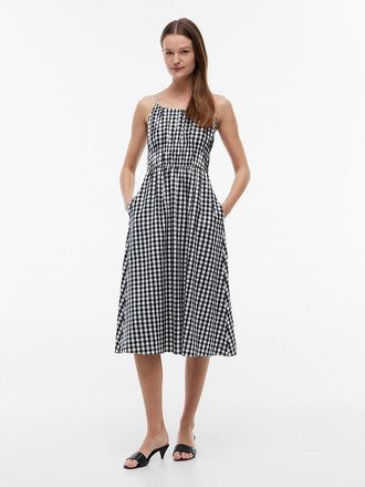 Tommy Hilfiger Womens Gingham Shirred Linen-Blend Midi Dress - Navy - XXL