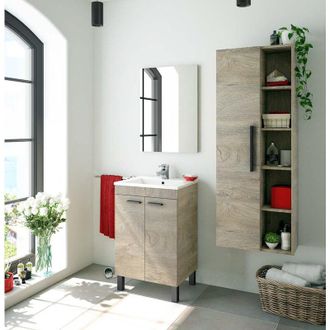Dmora Dmora - Armario bajo encimera Dkolaro, Mueble de baño, Armario de 2 puertas con espejo, lavabo no incluido, 50x40h80 cm, Roble