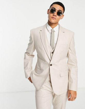 Asos slim linen mix suit jacket in stone-Neutral